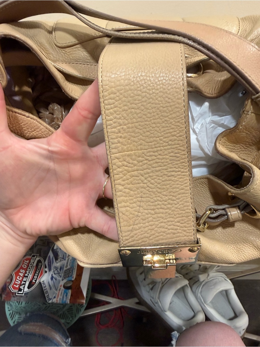 Jimmy Choo Beige Ramona Leather Shoulder Bag with Gold Hardware - Picture 10 of 16